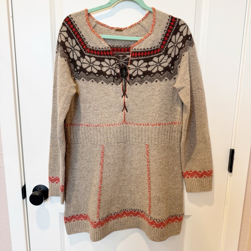 Free People Fair Isle Wool Tunic Sweater Large Knit Nordic Boho Cabincore Cozy